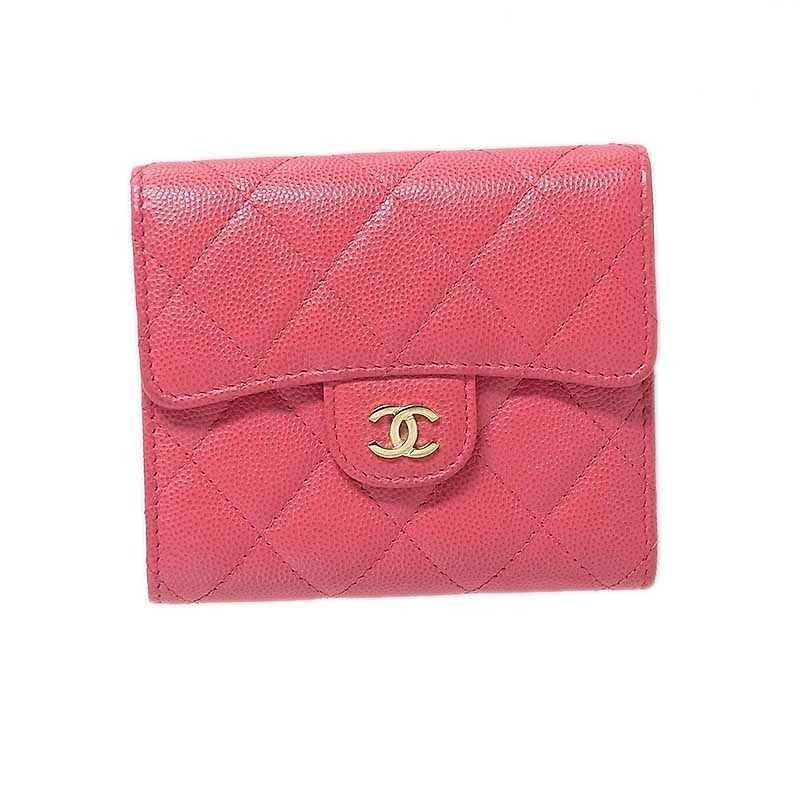 24,500円CHANEL シャネル マトラッセ キャビアスキン コンパクトウォレット ピンク