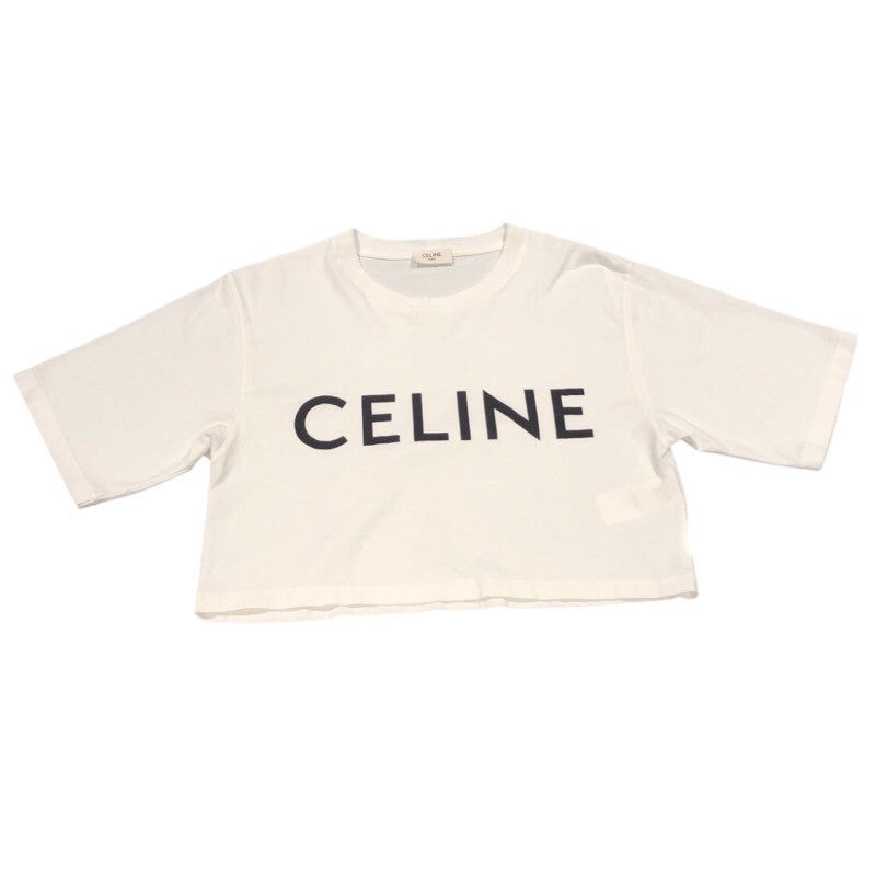 CELINE (セリーヌ) T-Shirt クロップド ロゴプリント半袖Tシャツ   レディース カーキ 2X761671Q CELINE セリーヌ クロップド Tシャツ レディース S カーキ ロゴ