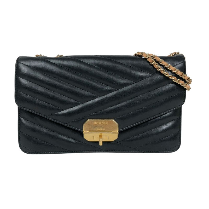 シャネル CHANEL バイアスステッチ フラップバッグ ブラック ゴールド