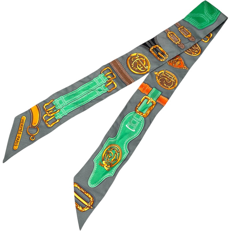エルメス HERMES ツイリー 大統領の馬具 グレー/オレンジ シルク