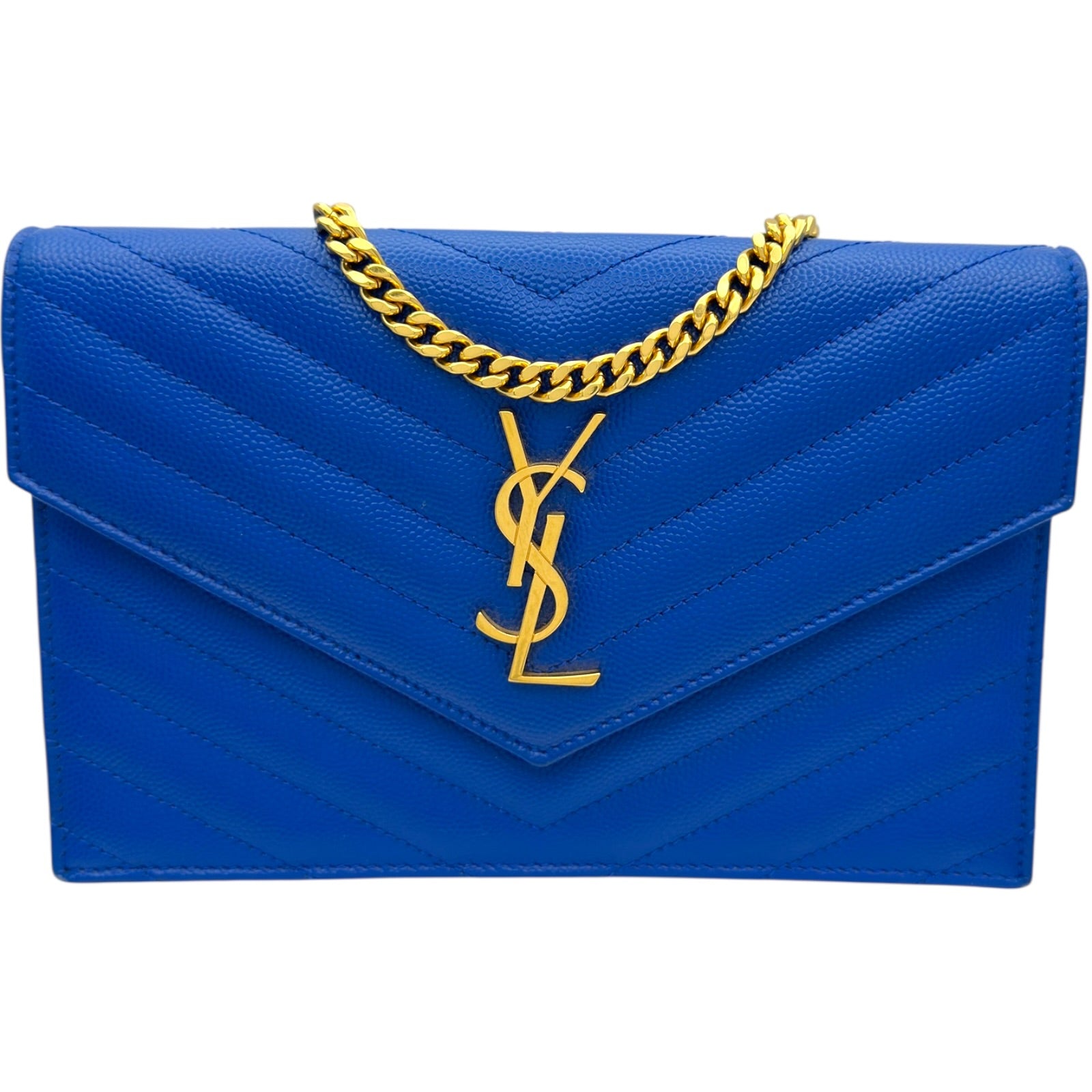 新品同様 サンローラン SAINT LAURENT カサンドラ エンベロープ チェーン ウォレット 長財布 レザー ブルー 393953 ゴールド 金具 90314156 サンローラン SAINT LAURENT カサンドラ エンベロープ チェーン