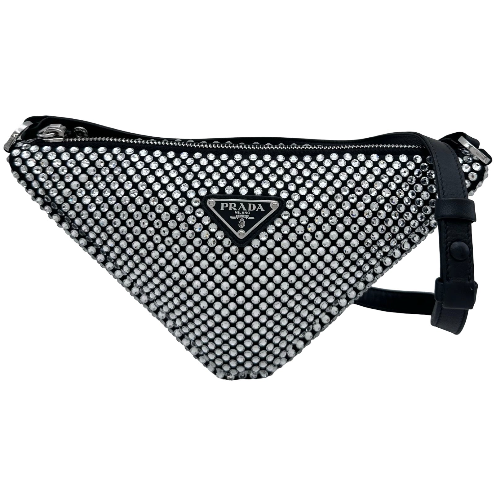 プラダ PRADA トライアングルロゴ ワンショルダー ブラック サテン・ラインストーン・レザー レディース ショルダーバッグ プラダ PRADA トライアングルロゴ ワンショルダー ブラック サテン