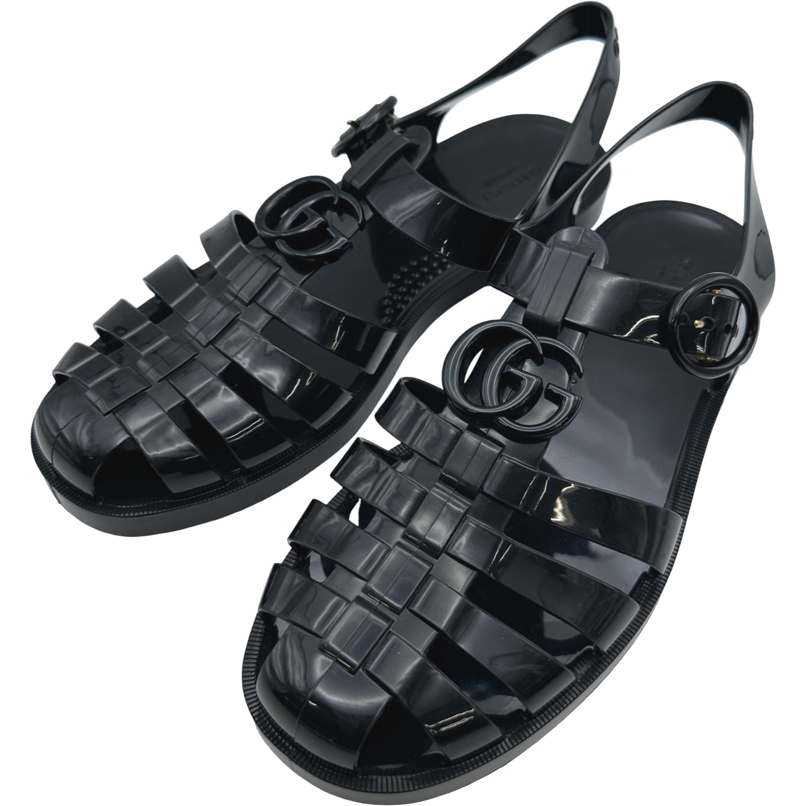 グッチ GUCCI GGバックルフィッシャーマンサンダル ブラック エナメル