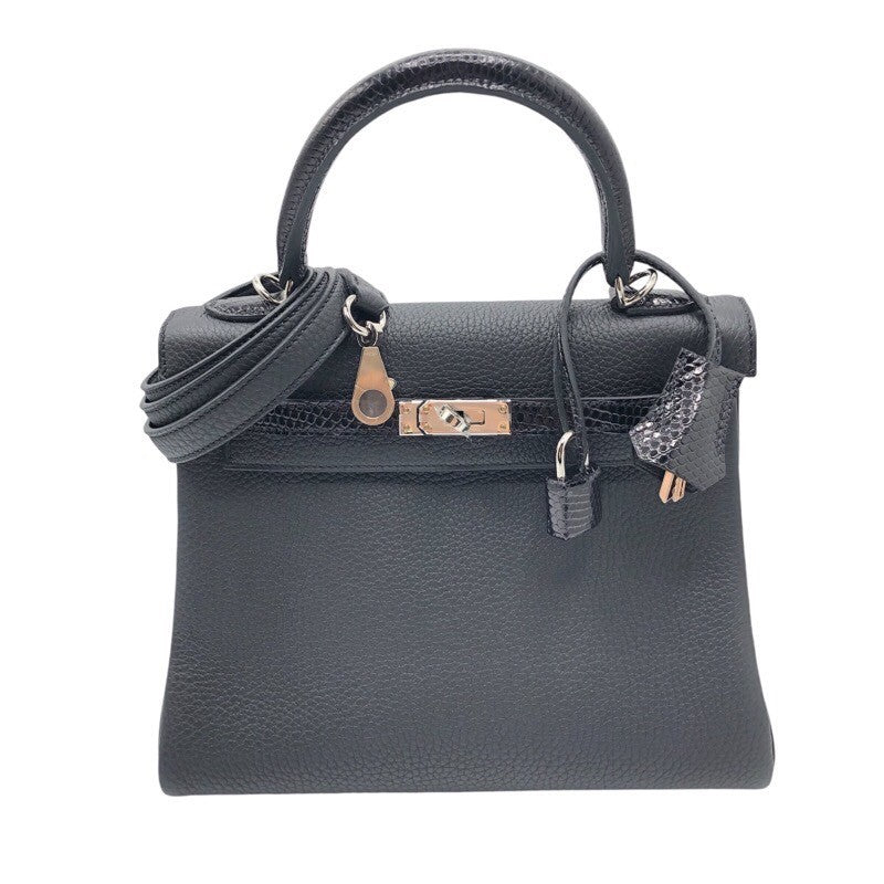 ケリーバッグ風 黒レザー ハンドバッグ 南京錠付き エルメス HERMES ケリー25 内縫い タッチ B刻 シルバー金具