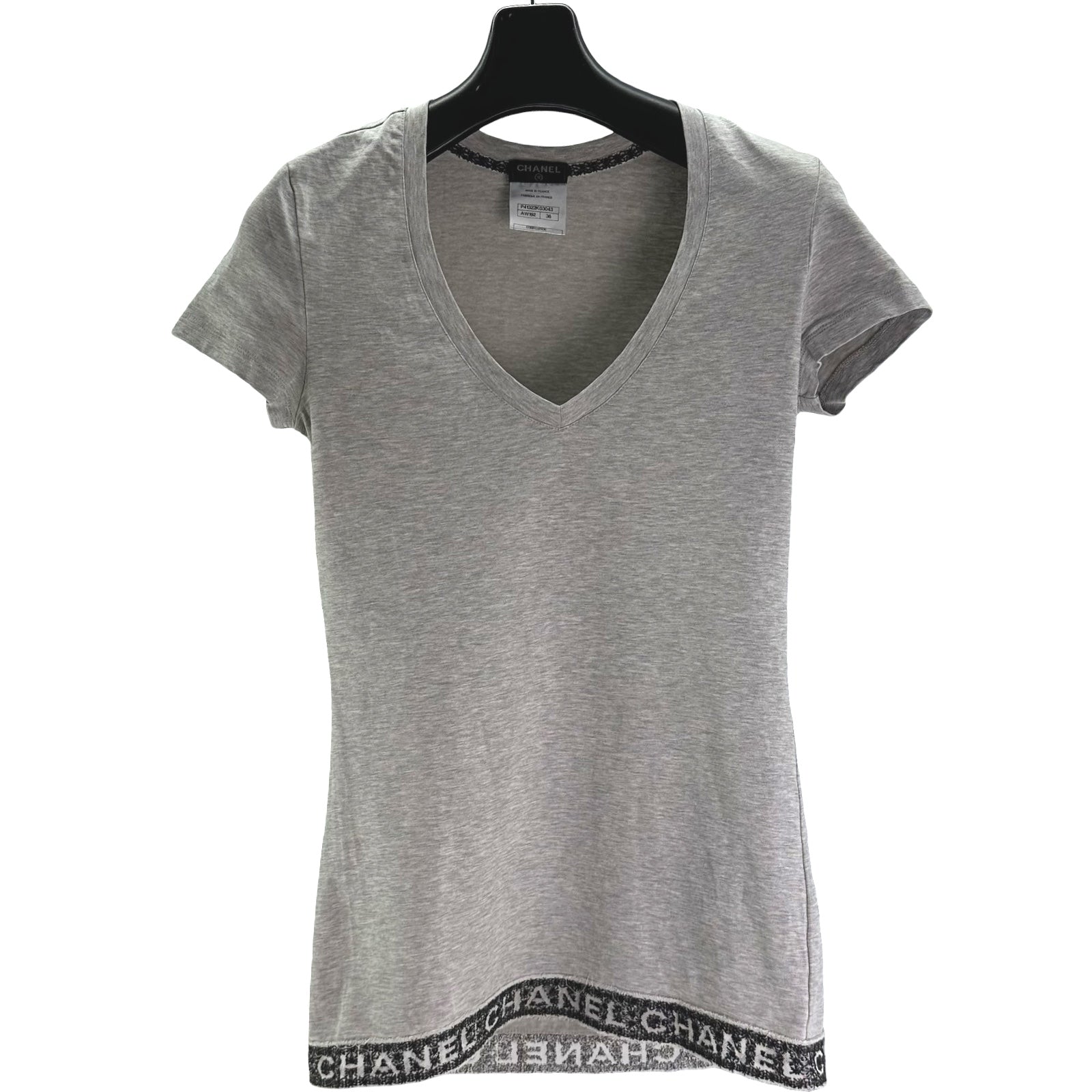 シャネル CHANEL 裾ロゴレースVネック半袖Tシャツ P41322 グレー