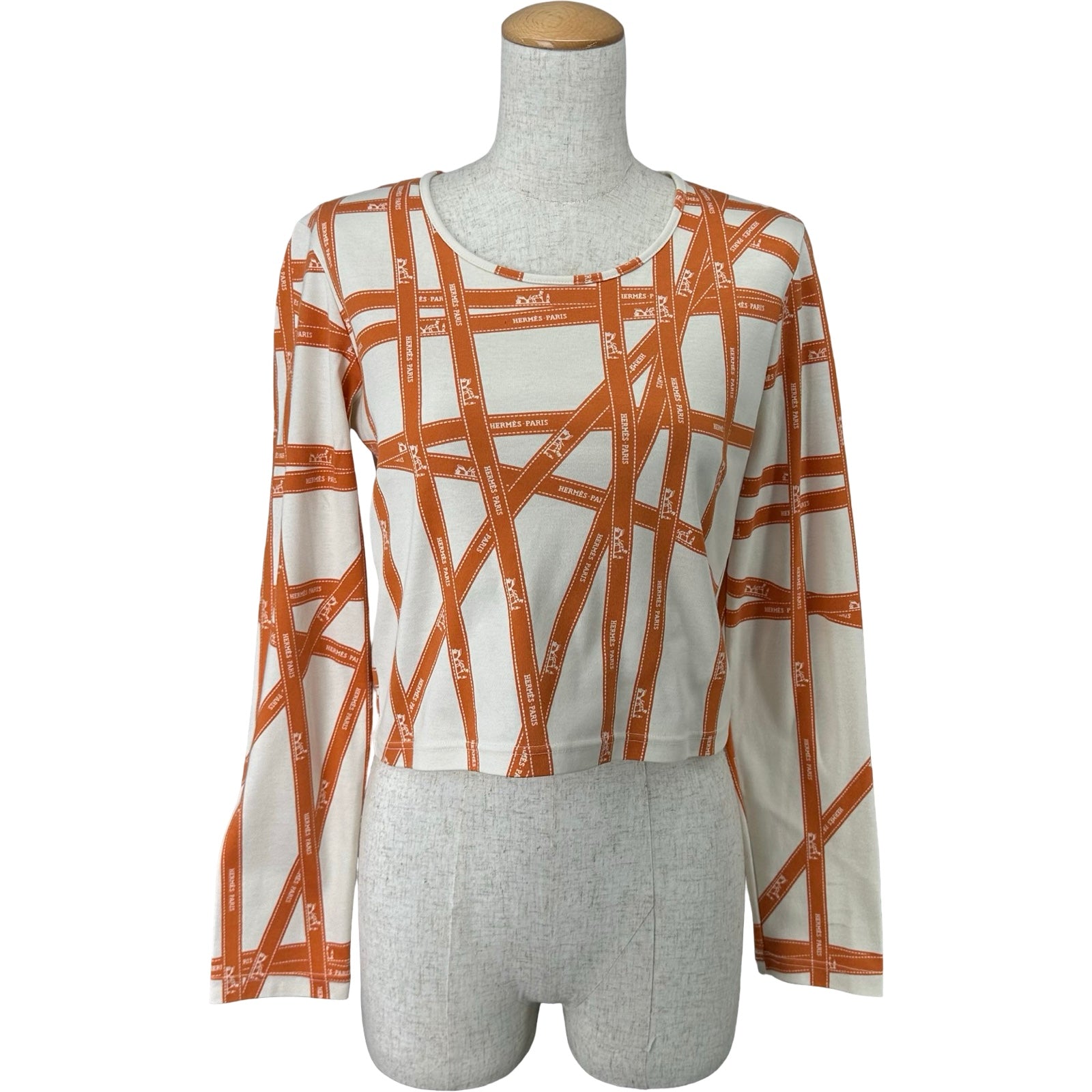 エルメス HERMES ボルデュック総柄トップス オレンジ コットン レディース 長袖Ｔシャツ エルメス HERMES ボルデュック総柄トップス オレンジ コットン