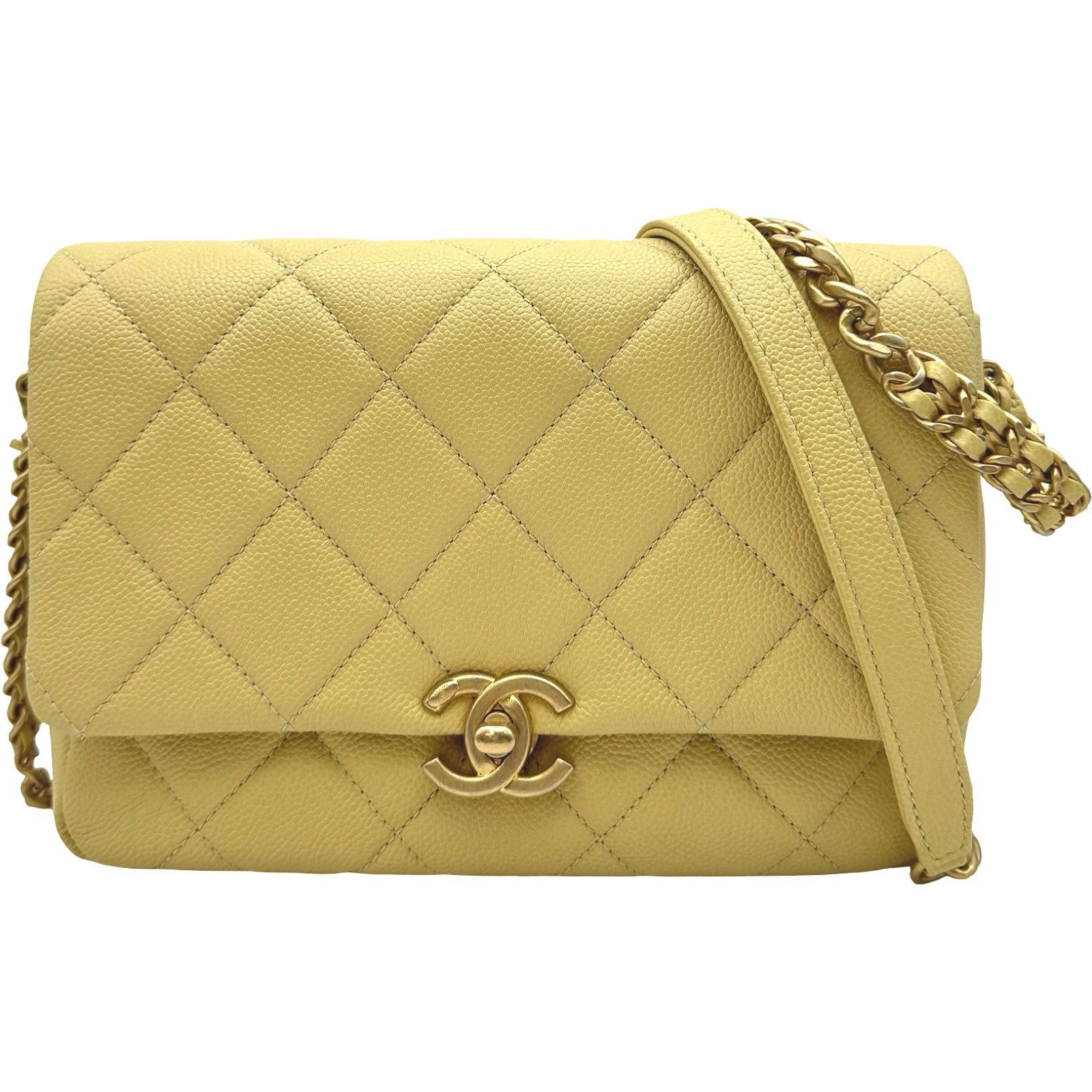シャネル CHANEL マトラッセスモールフラップバッグ AS3103 ライトイエロー ゴールド金具 キャビアスキン レディース ショルダーバッグ シャネル CHANEL マトラッセスモールフラップバッグ AS3103 ライト
