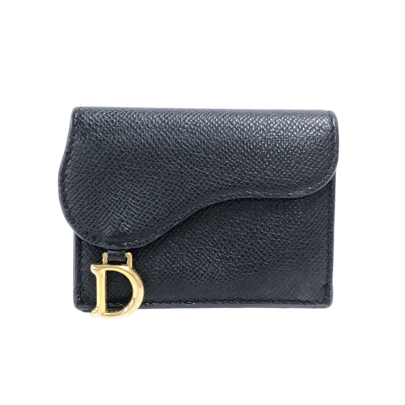 クリスチャン・ディオール Christian Dior サドル コンパクトウォレット ブラック ゴールド金具 グレインドカーフ レディース 三つ折り財布