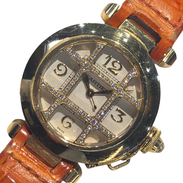 カルティエ Cartier パシャ32 グリッドダイヤ WJ101356 ホワイト K18YG/革ベルト 自動巻き ボーイズ 腕時計