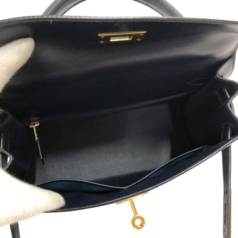 エルメス HERMES ケリー28 □B刻 ブルーインディゴ ゴールド金具 ボックスカーフ レディース ハンドバッグ