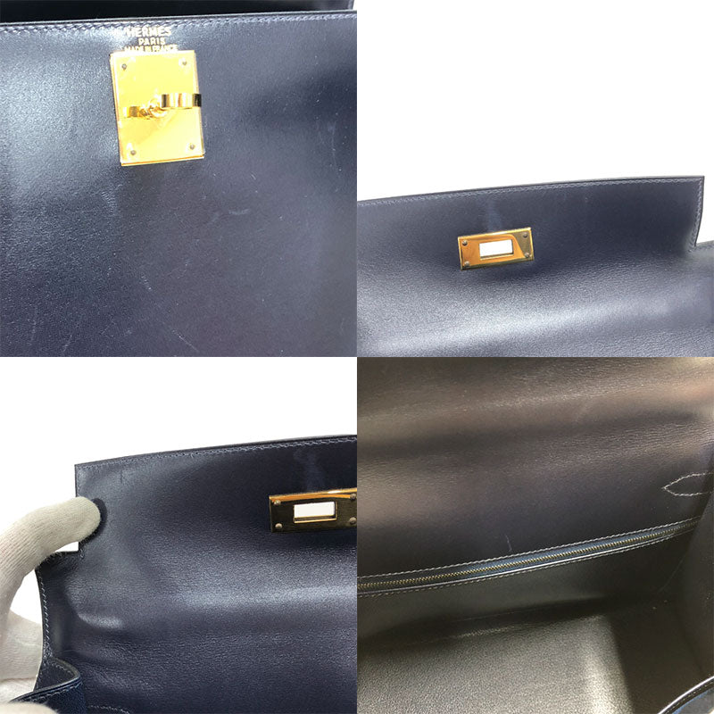 エルメス HERMES ケリー28 □B刻 ブルーインディゴ ゴールド金具 ボックスカーフ レディース ハンドバッグ