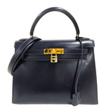 エルメス HERMES ケリー28 □B刻 ブルーインディゴ ゴールド金具 ボックスカーフ レディース ハンドバッグ