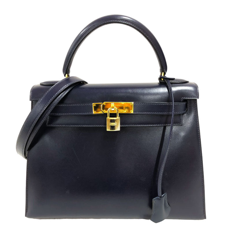 エルメス HERMES ケリー28 □B刻 ブルーインディゴ ゴールド金具 ボックスカーフ レディース ハンドバッグ