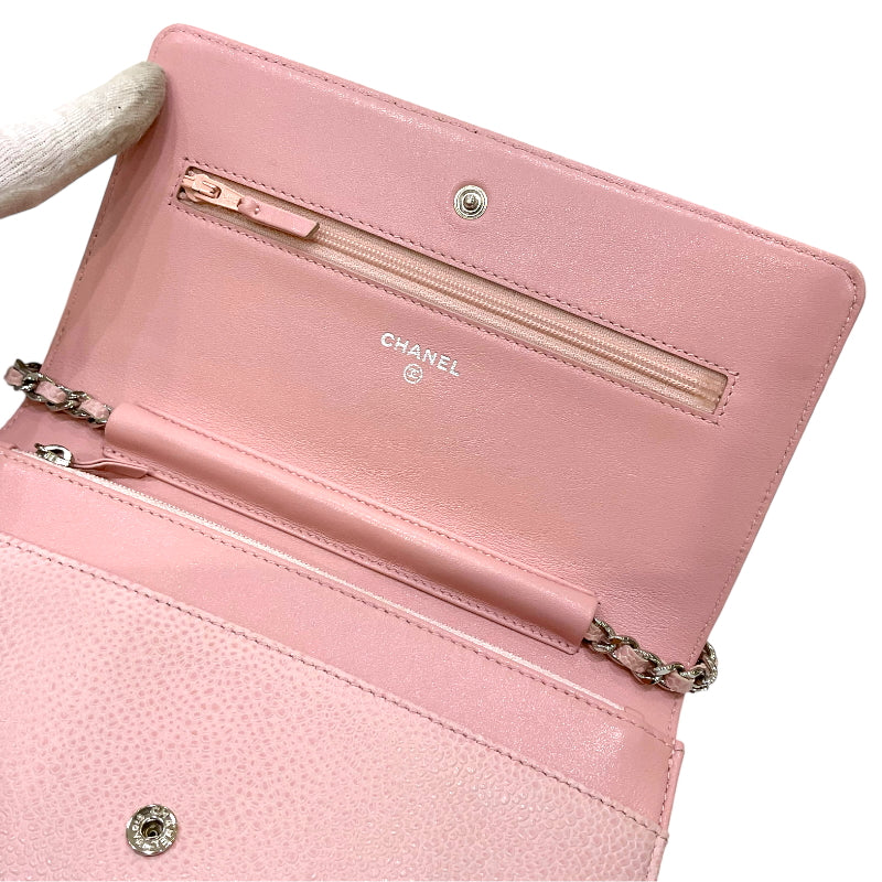 シャネル CHANEL ココマーク チェーンウォレット A48654 16番台 ピンク シルバー金具 キャビアスキン レディース ショルダーバッグ