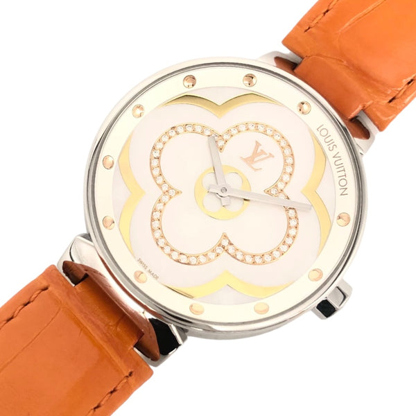 ルイ・ヴィトン LOUIS VUITTON タンブール ムーンディヴァインMM ホワイトシェル QA019Z ホワイトシェル SS/革ベルト クオーツ レディース 腕時計