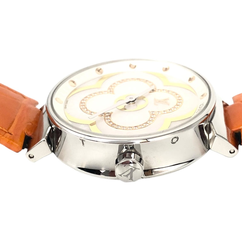 ルイ・ヴィトン LOUIS VUITTON タンブール ムーンディヴァインMM ホワイトシェル QA019Z ホワイトシェル SS/革ベルト クオーツ レディース 腕時計