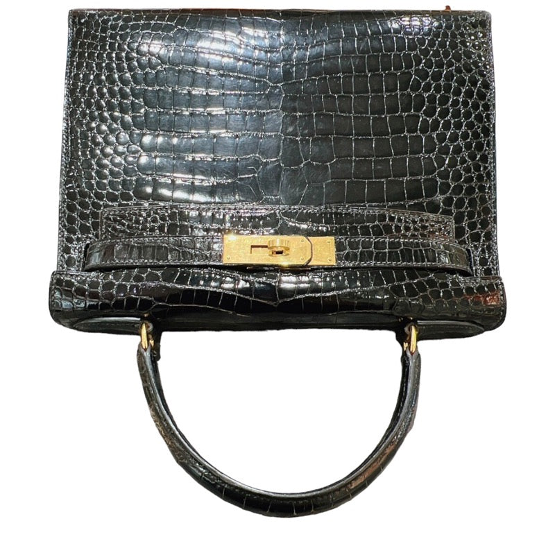 エルメス HERMES ケリー28 外縫い 〇W刻印 ブラック・ゴールド金具 クロコダイル ポロサス レディース ハンドバッグ