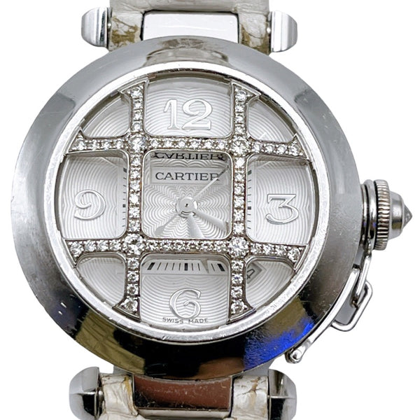 カルティエ Cartier パシャ32 グリッドダイヤ WJ101456 ホワイト  K18WG/レザーストラップ 自動巻き レディース 腕時計