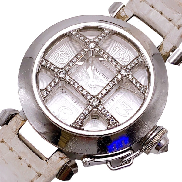カルティエ Cartier パシャ32 グリッドダイヤ WJ101456 ホワイト  K18WG/レザーストラップ 自動巻き レディース 腕時計