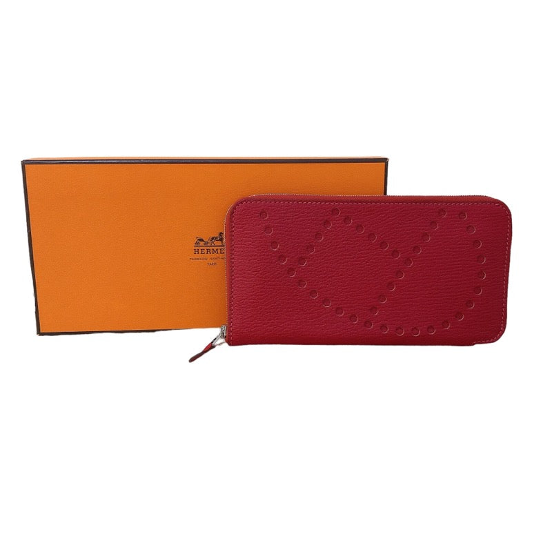 エルメス HERMES エヴリンロングジップ □P刻(2012年製) ルージュカザック シルバー金具 シェーブル レディース 長財布