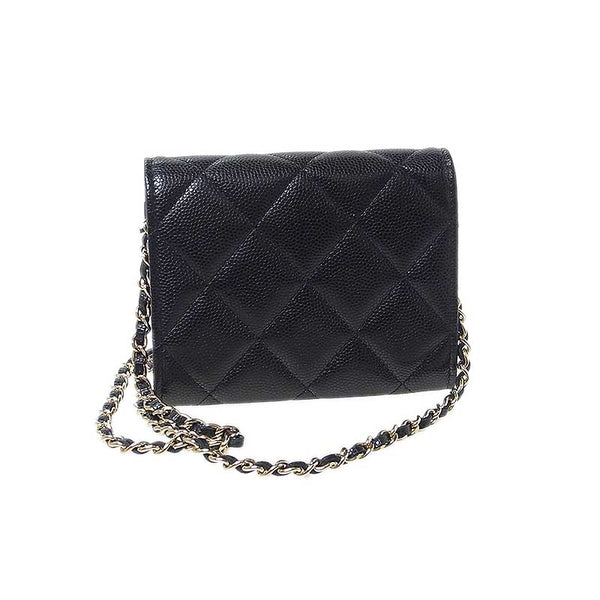 シャネル CHANEL マトラッセ ミニ チェーンウォレット フェイクパール ブラック キャビアスキン レディース ショルダーバッグ