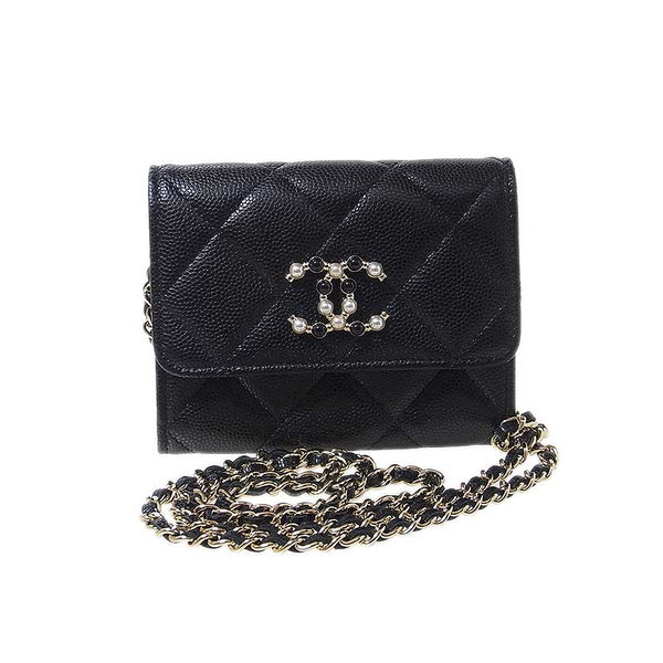 シャネル CHANEL マトラッセ ミニ チェーンウォレット フェイクパール ブラック キャビアスキン レディース ショルダーバッグ