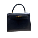 エルメス HERMES ケリー28 外縫い 〇X刻印 ブラック/GD金具 ボックスカーフ レディース ハンドバッグ