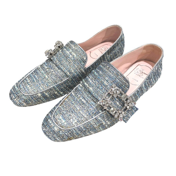 ロジェ ヴィヴィエ ROGER VIVIER ストラスバックルツイードローファー ブルー レディース その他靴