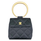 シャネル CHANEL マトラッセリングハンドルバッグ ブラック・ゴールド金具 サテン レディース ハンドバッグ