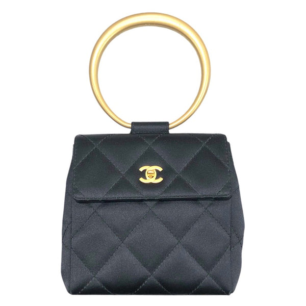 シャネル CHANEL マトラッセリングハンドルバッグ ブラック・ゴールド金具 サテン レディース ハンドバッグ