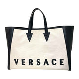 ヴェルサーチ VERSACE ロゴトート ホワイト×ブラック キャンパス×レザー ユニセックス トートバッグ
