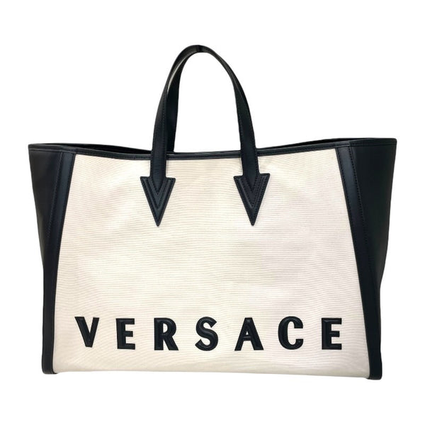 ヴェルサーチ VERSACE ロゴトート ホワイト×ブラック キャンパス×レザー ユニセックス トートバッグ