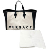 ヴェルサーチ VERSACE ロゴトート ホワイト×ブラック キャンパス×レザー ユニセックス トートバッグ