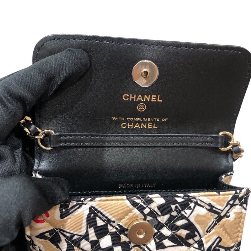 シャネル CHANEL マトラッセチェーンショルダー チェッカーフラッグプリント ベージュ ゴールド金具 コットン レディース ショルダーバッグ