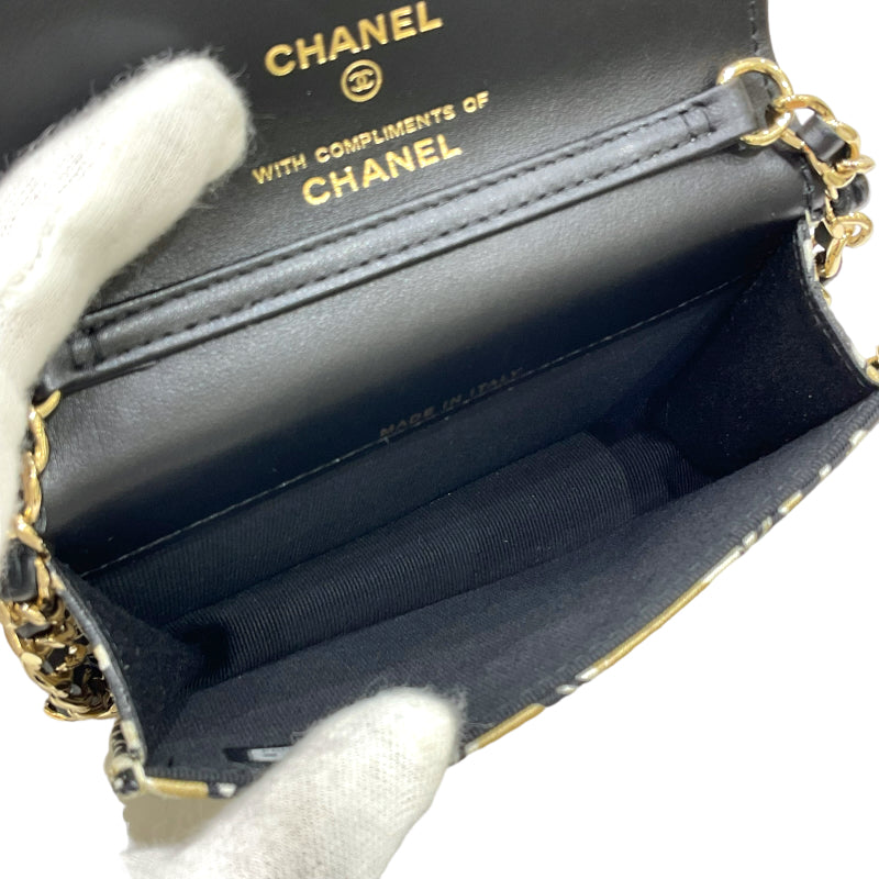 シャネル CHANEL チェーンショルダーバッグ ベージュ×ブラック ゴールド金具 コットン/レザー レディース ミニポシェット