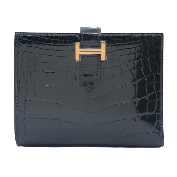 エルメス HERMES べアンコンパクト D刻 ブラック　GD金具 アリゲーター レディース 二つ折り財布