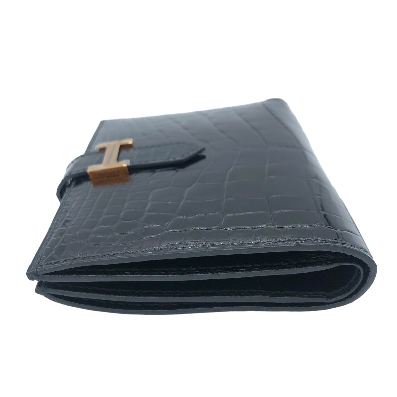 エルメス HERMES べアンコンパクト D刻 ブラック GD金具 アリゲーター