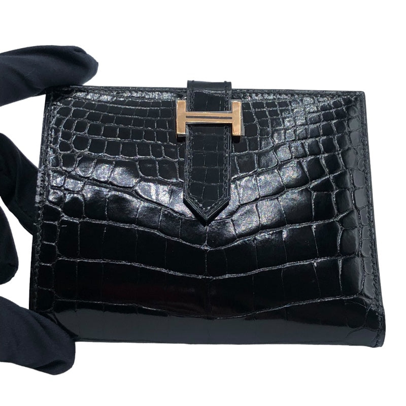 エルメス HERMES べアンコンパクト D刻 ブラック GD金具 アリゲーター