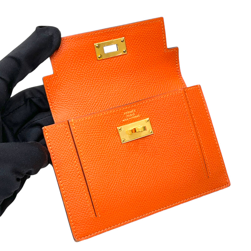 エルメス HERMES ケリーポケット コンパクト ウォレット Y刻印 オレンジ ゴールド金具 ヴォーエプソン レディース コインケース