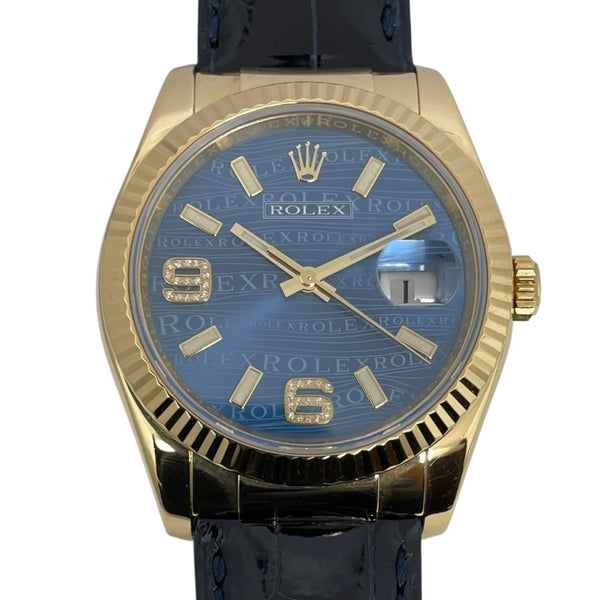 ロレックス ROLEX デイトジャスト36 ウェーブ D番 116138 ブルー K18YG/革ベルト 自動巻き メンズ 腕時計