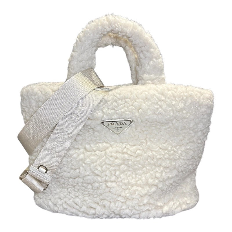 プラダ PRADA ボア2WAYトートバッグ 1BG428 ホワイト　シルバー金具 ウール・カシミア レディース トートバッグ