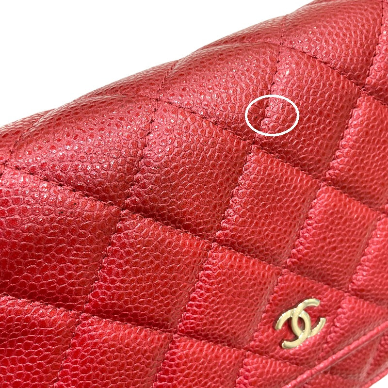 シャネル CHANEL マトラッセ チェーンウォレット A33814 21番台 レッド キャビアスキン レディース ショルダーバッグ