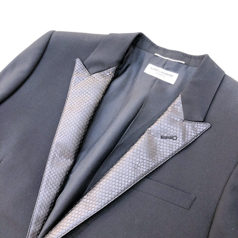 サンローラン SAINT LAURENT パイソンレザー切替テーラードジャケット ブラック ウール メンズ テーラードジャケット