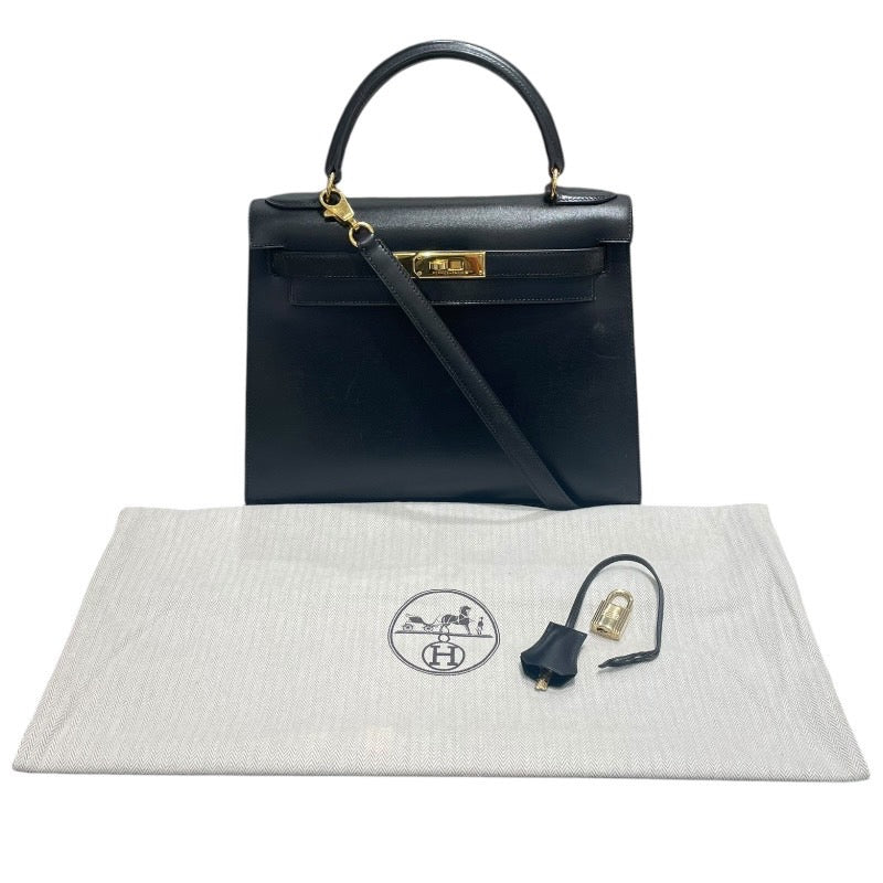 エルメス HERMES ケリー28 〇Z刻 ブラック/ゴールド金具 ボックスカーフ レディース ハンドバッグ