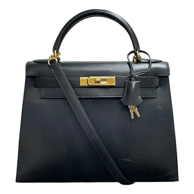 エルメス HERMES ケリー28 〇Z刻 ブラック/ゴールド金具 ボックスカーフ レディース ハンドバッグ