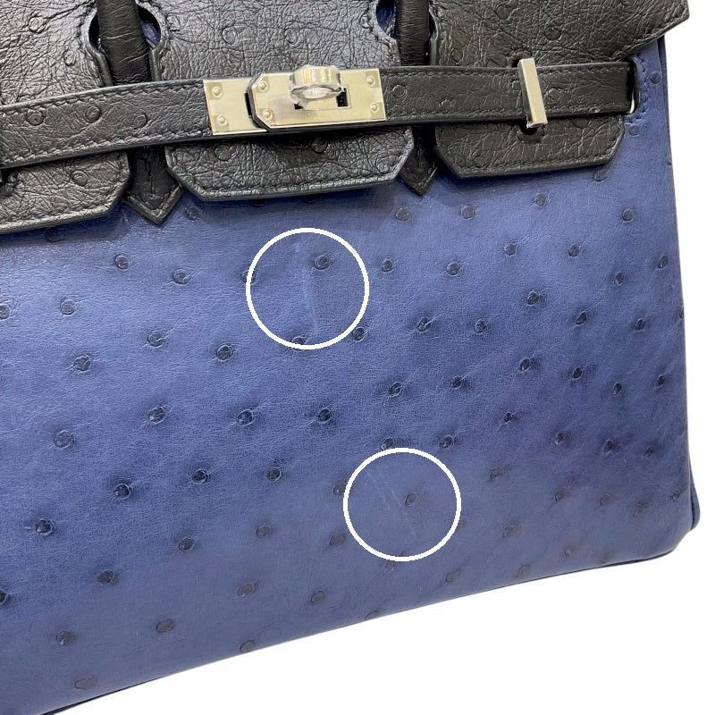 エルメス HERMES バーキン25 U刻印 ブルーロイ×ブラック シルバー金具 オーストリッチ レディース ハンドバッグ