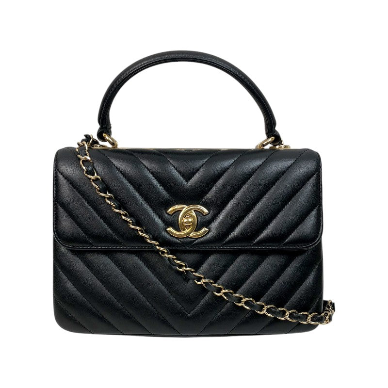 シャネル CHANEL トレンディCCトップハンドルVステッチ A92236 25番台 ブラック ゴールド金具 ラムスキン レディース ハンドバッグ