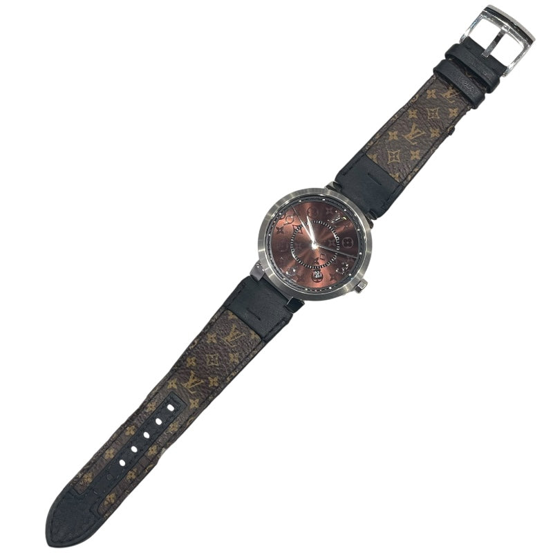 ルイ・ヴィトン LOUIS VUITTON タンブール スリム モノグラム マカサー GM QA005 ブラウン ステンレススチール メンズ 腕時計