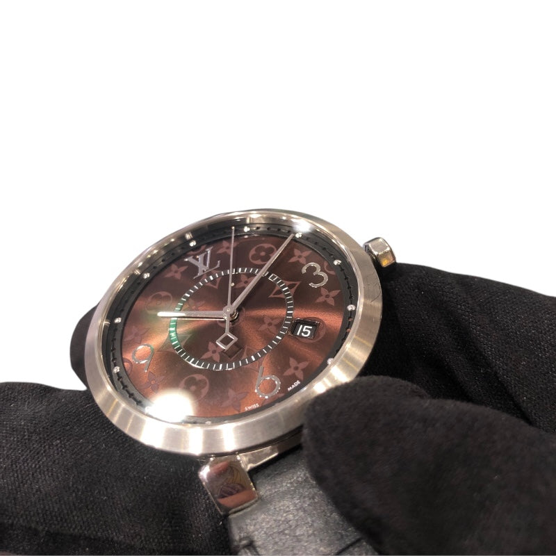ルイ・ヴィトン LOUIS VUITTON タンブール スリム モノグラム マカサー GM QA005 ブラウン ステンレススチール メンズ 腕時計