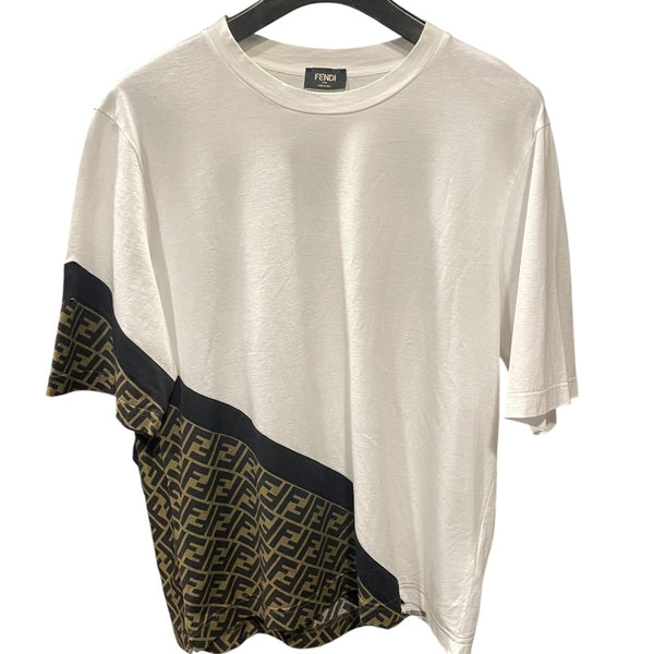 フェンディ FENDI FF柄切替デザインTシャツ FAF682 ホワイト コットン メンズ 半袖Ｔシャツ